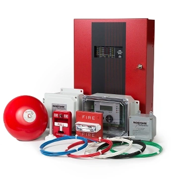 mmercial fire alarm system components including control panel, bell, detectors, and manual call points