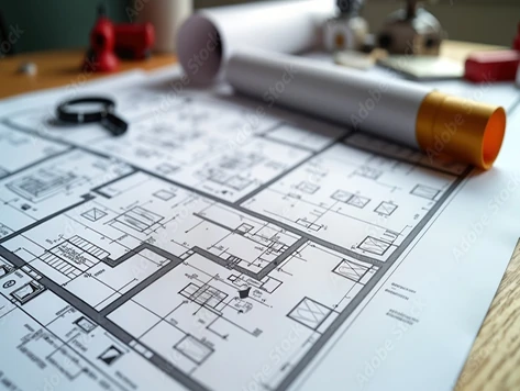 Architectural building floor plan blueprint with rolled drawings and measuring tools on a desk